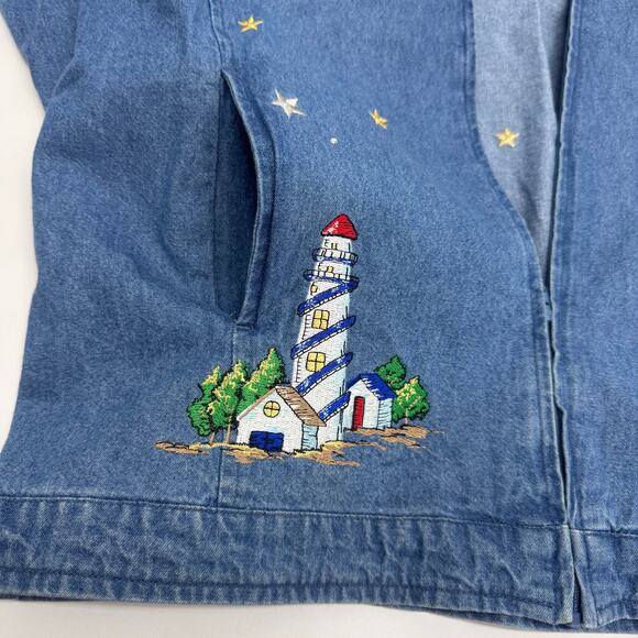VTG Quacker Factory Embroidered Denim Lighthouse Zip Hoodie Sweater Nautical M - Picture 7 of 9
